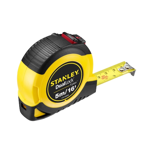 STANLEY STHT36806-0 tape measure, yellow and black, side angle, 5m/16ft DualLock Tylon.
