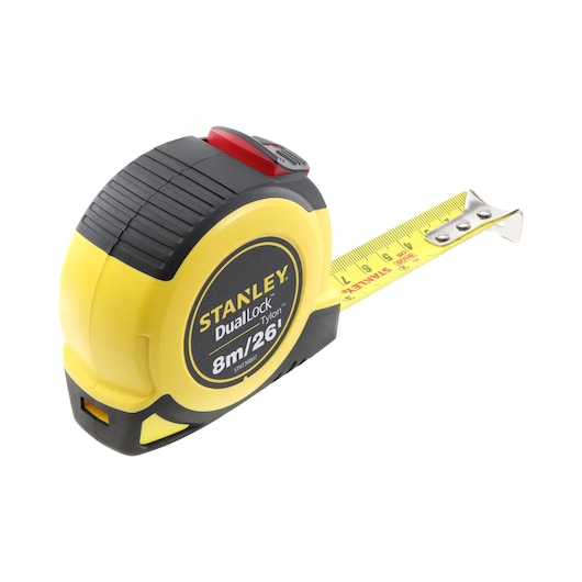 STANLEY STHT36807-0 yellow and black tape measure, DualLock Tylon, 8m/26ft, angled on white background.