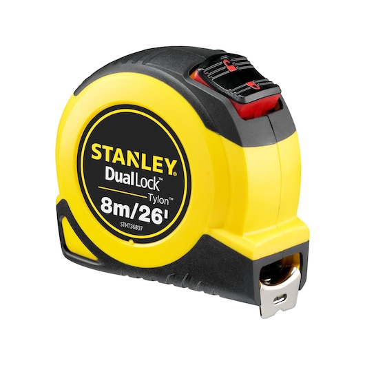 STANLEY STHT36807-0 tape measure, DualLock Tylon, 8m/26ft, yellow and black, angled left, photography.