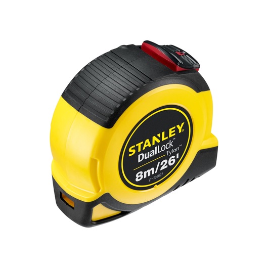Photo of STANLEY STHT36807-0 DualLock tape measure, yellow and black casing, front angled view.