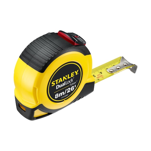 STANLEY STHT36807-0 tape measure, yellow and black, DualLock Tylon, angled view, 8m/26ft length.