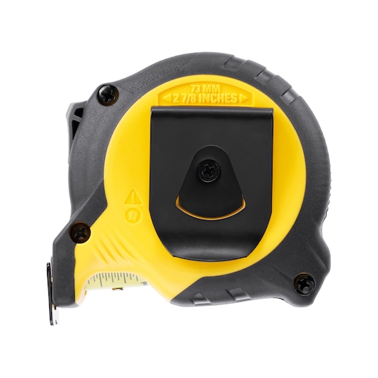STANLEY STHT37235-5 tape measure, photography of back view showing black belt clip, yellow and black casing.