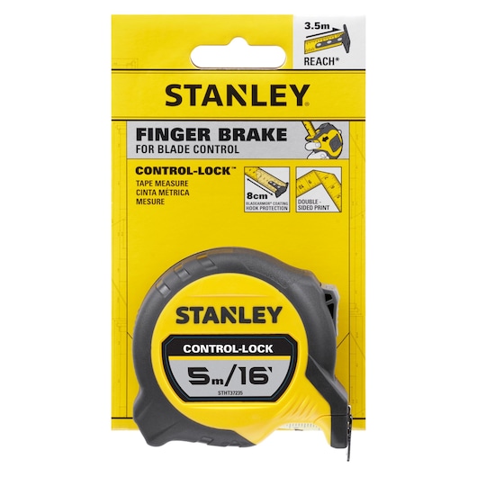 STANLEY STHT37235-5 tape measure, CONTROL-LOCK, 5m/16', yellow and black, front view on retail packaging.