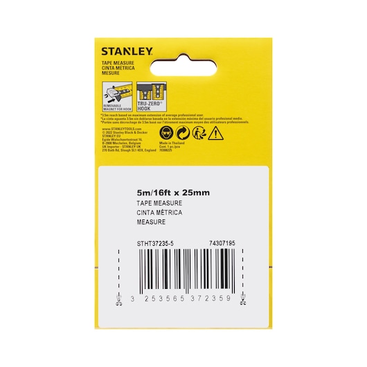 Photo of STANLEY STHT37235-5 tape measure packaging back, yellow and white with product details and barcode.
