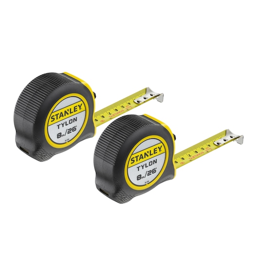 Photo of two STANLEY STHT39520-0 Tylon 8m/26ft tape measures, black and yellow, angled on white background.
