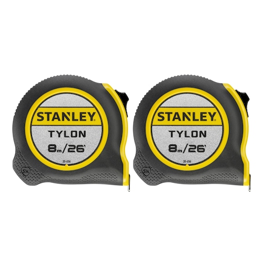STANLEY STHT39520-0 tape measures, twin pack, 8m/26ft, black and yellow casing, front view on white background.