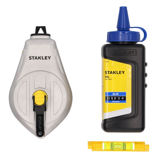 STANLEY STHT47111 chalk line kit with silver chalk reel, blue chalk, and yellow mini level, front view.