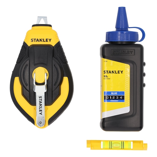 STANLEY STHT47312-0 chalk line kit with yellow chalk line reel, blue chalk and small spirit level, front view.