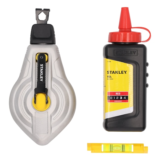 STANLEY STHT47612 chalk line set with silver chalk reel, red chalk bottle, and yellow mini level, front view.