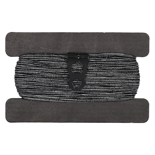 STANLEY STHT47613-0 photography of black and white braided masonry line on card with plastic holder, top view.