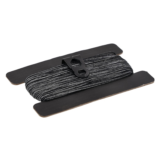 Stanley STHT47613-0 photography of black and white braided line on a cardboard spool, angled side view.