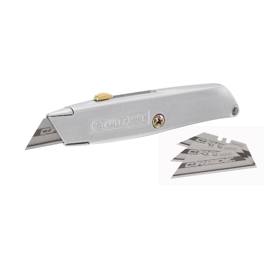 STANLEY STHT5-10099 utility knife with silver body, angled view, shown with three spare blades.