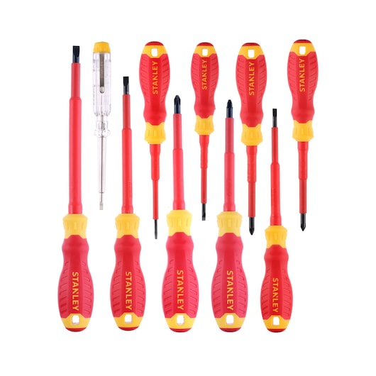 Stanley insulated screwdriver set with red and yellow handles, including a voltage tester, arranged in a row.