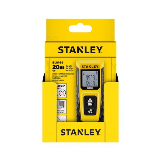 STANLEY STHT77065-0 laser distance measurer in yellow retail packaging, front view.