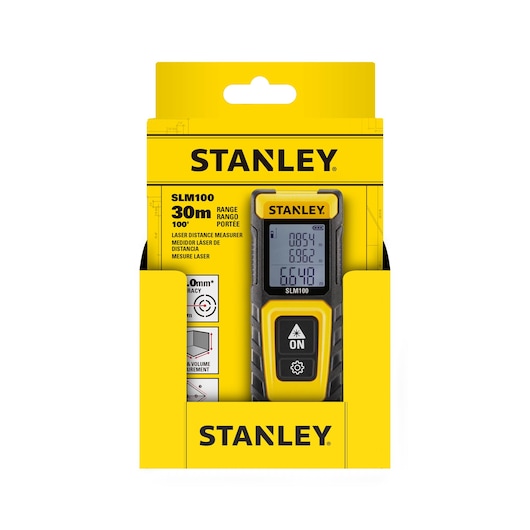 Photo of STANLEY STHT77100-0 laser distance measurer in yellow retail packaging, front view.