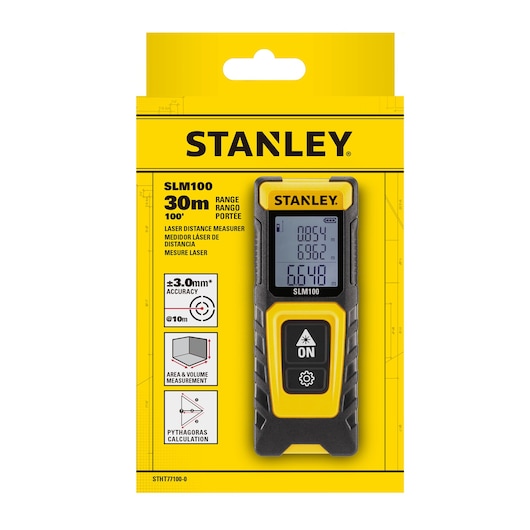 STANLEY STHT77100-0 laser distance measurer SLM100 in yellow and black, packaged front view.