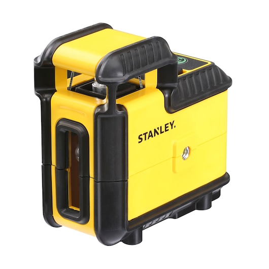 Stanley yellow and black laser level device, compact and durable, used for precise alignment in photography.