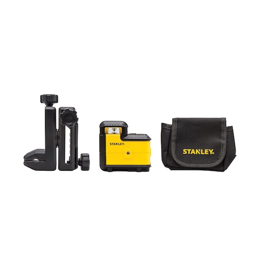 Stanley yellow laser level kit with mount and black carrying pouch shown side by side on a white background.
