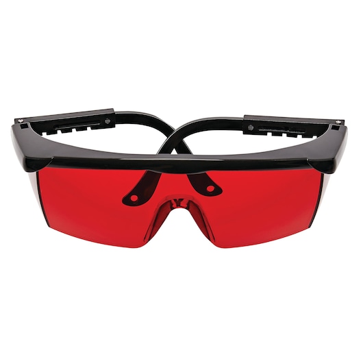 STANLEY STHT77616 protective eyewear with black frame and red lens, front angle, photography category.