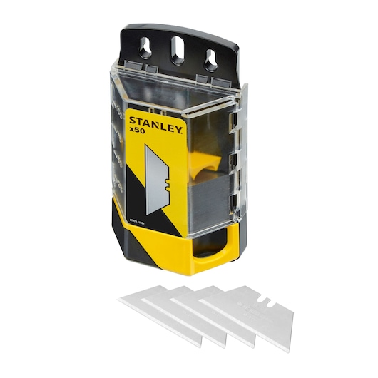 STANLEY STHT9-11921 utility blades 50-pack in yellow-black plastic case, angled front view and loose blades
