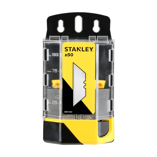 Stanley pack with 50 utility blades in a clear, yellow and black dispenser for easy storage and access.