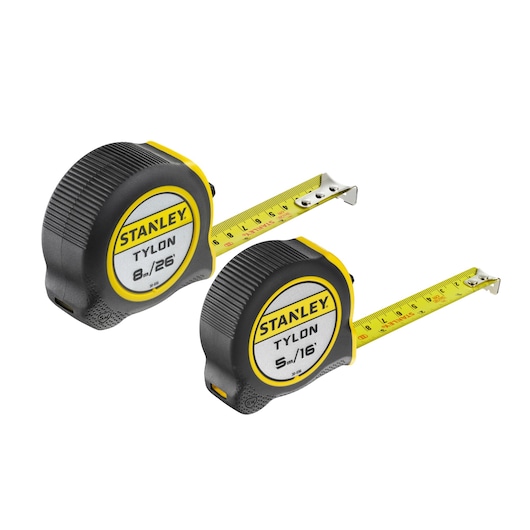 STANLEY STHT9-98985 tape measure set, black and yellow, side angle, showing 8m/26ft and 5m/16ft Tylon tapes.