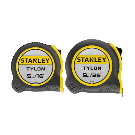 Photo of STANLEY STHT9-98985 Tylon tape measures, 5m/16ft and 8m/26ft, front angle on white background.