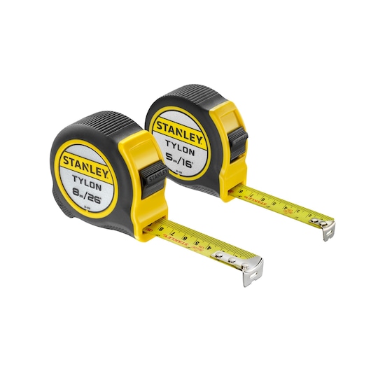 STANLEY STHT9-98985 two Tylon tape measures, yellow and black, photography on white background, category Photography.