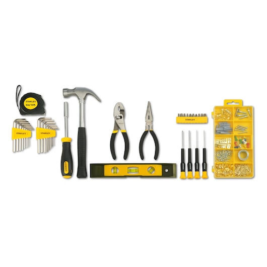 STANLEY STMT0-74101 tool set with hammer, pliers, screwdrivers, level, bits, tape, and fasteners, top view.