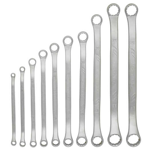 Set of ten double-ended ring spanners in assorted sizes, arranged from smallest to largest.