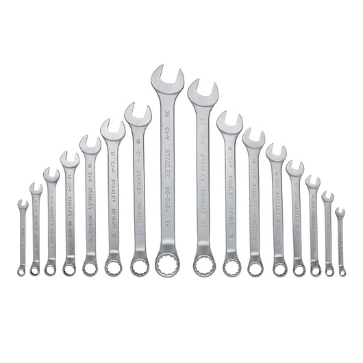 STANLEY STMT1-74178 combination wrench set, 18 pieces, arranged in size order, photography, front angle.