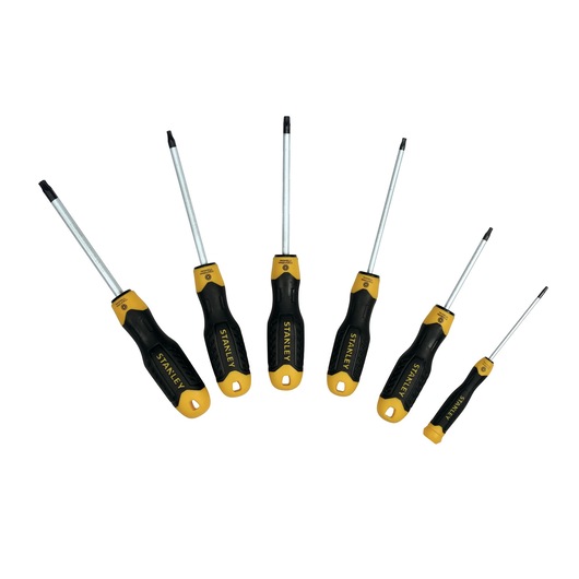 Stanley screwdriver set with six black and yellow handles, arranged in a fan shape on a white background.