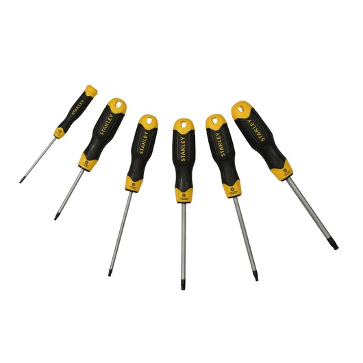 Six STANLEY screwdrivers with black and yellow handles arranged in a row, various sizes and types.