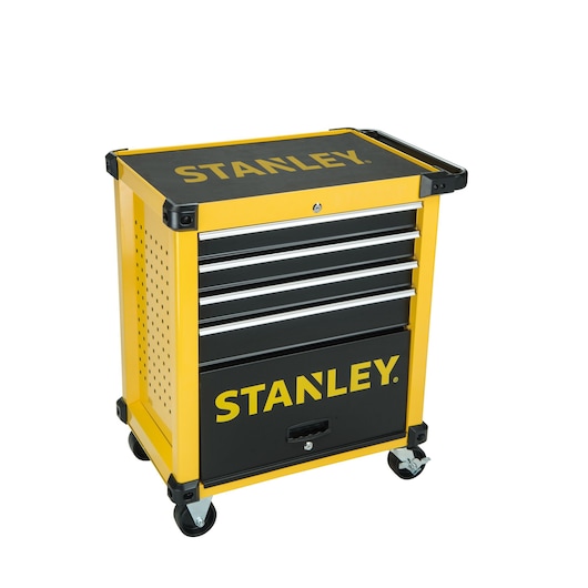 Stanley yellow and black rolling tool cabinet with multiple drawers and lockable compartments.