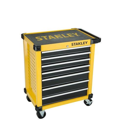 Stanley STMT1-74306 tool chest in yellow and black, six drawers, side angle, on caster wheels.