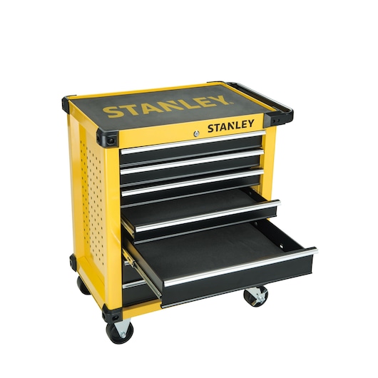 Stanley yellow rolling tool cabinet with open drawers and black top, suitable for storage and organization.