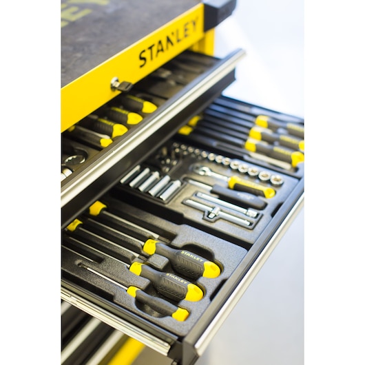 STANLEY STMT1-74306 tool drawer photography, yellow cabinet with assorted hand tools in foam organizer.