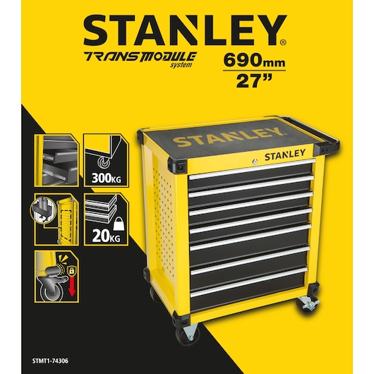 STANLEY STMT1-74306 tool chest with seven black drawers, yellow frame, and lockable caster wheels, front angle.