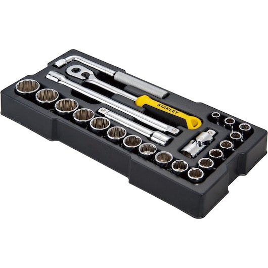 STANLEY STMT1-74726 socket set with ratchet, extension bars, and sockets in black plastic tray, angled view.