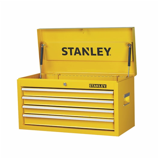 Yellow STANLEY toolbox with four drawers and open top lid, suitable for storing and organizing tools.