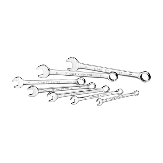 STANLEY STMT82842-0 spanner set, seven chrome combination wrenches, front angle on white background.