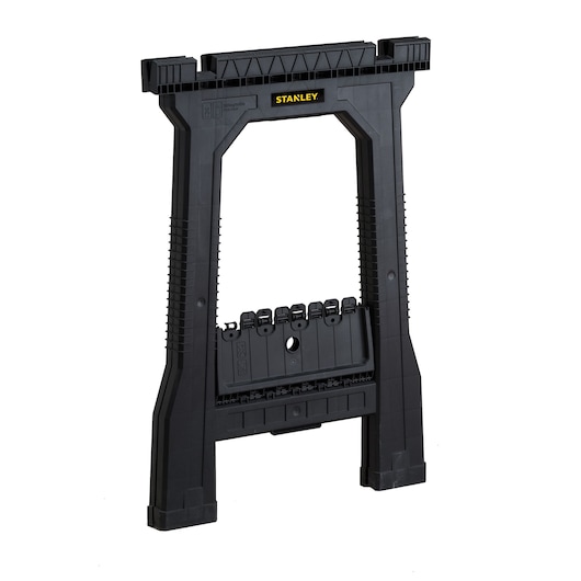 Stanley black plastic folding sawhorse for workshop or DIY use, shown upright on a white background.