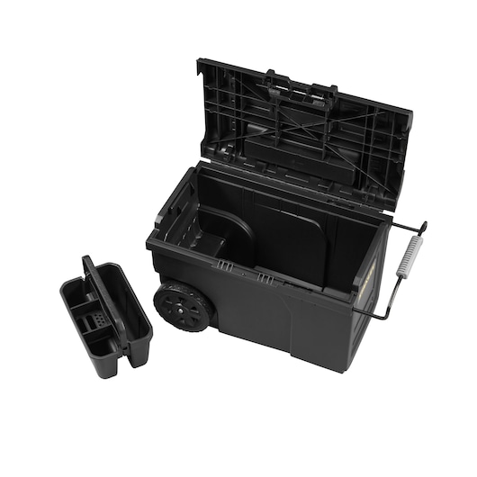 STANLEY STST1-70715 black wheeled toolbox with open lid and removable tray, front angle photo.