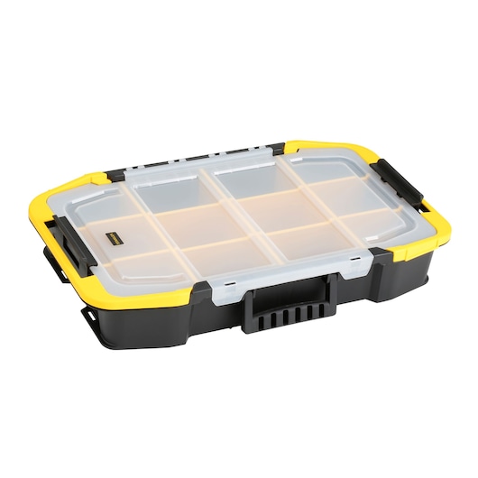 STANLEY STST1-71983 organizer box, black and yellow, clear lid, top angle photo.