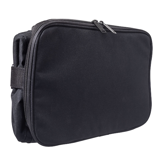 STANLEY STST1-73615 black soft tool bag with zippered closure, angled side view on white background.