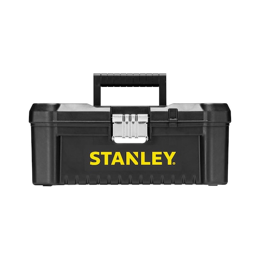 Photo of STANLEY STST1-75515 black toolbox with yellow logo, front view, metal latch and plastic handle.