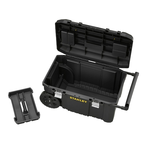 STANLEY STST1-80150 black wheeled toolbox with open lid, removable tray, and metal latches, front angle.