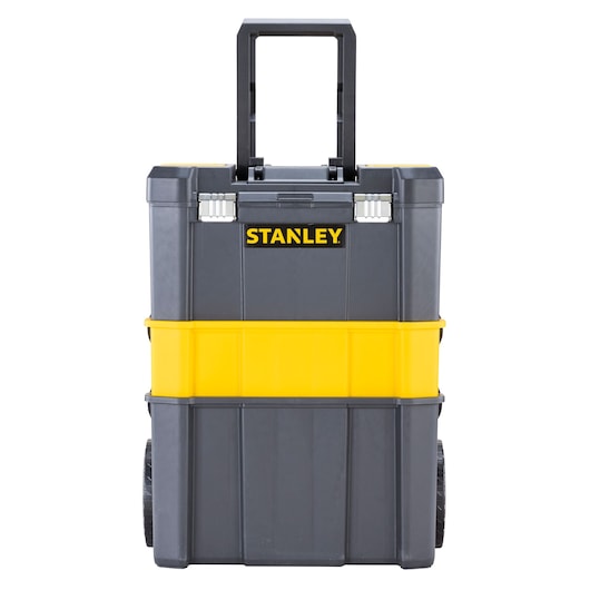 Stanley rolling toolbox in black and yellow with extendable handle and wheels, designed for portable storage.