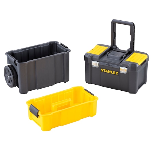 Stanley toolbox set with wheeled black bin, black box with handle, and yellow tray, shown separated.