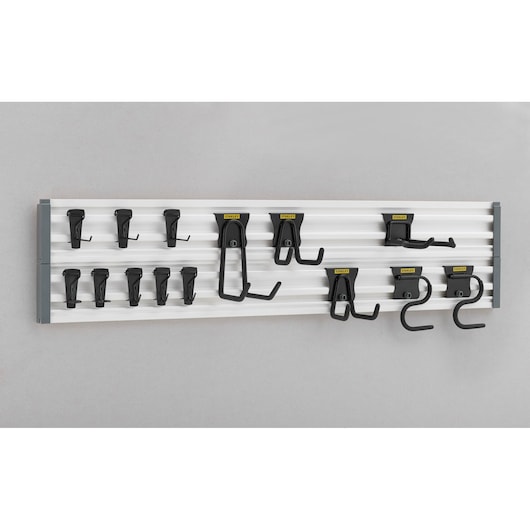 STANLEY STST22000-1 wall-mounted tool organizer with multiple black hooks, front angle.